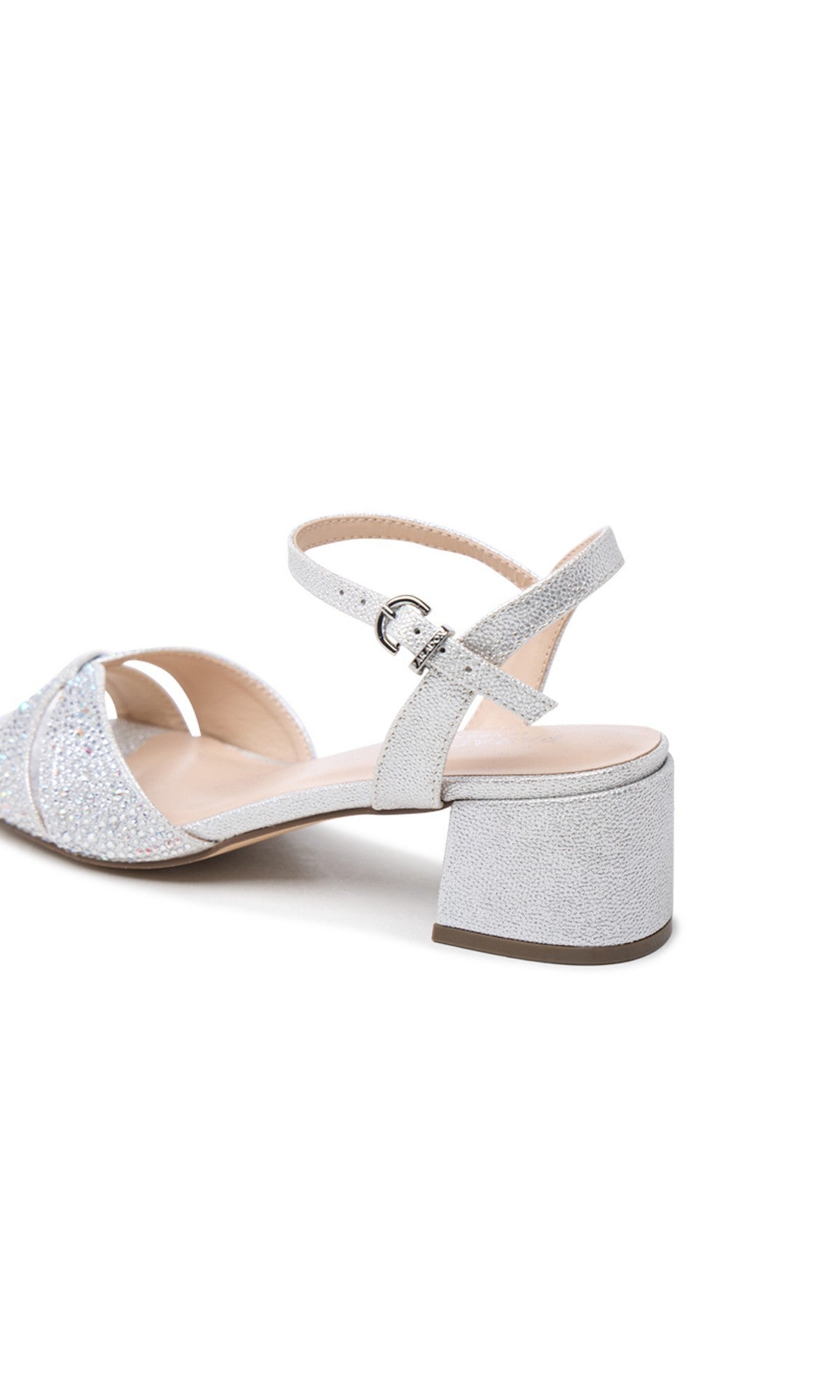 The Marquise Silver Prom Shoes: Paradox London P2607 are glittery silver low-heeled sandals with a closed toe, block heel, and ankle strap with buckle—elegant prom shoes shown against a white background.